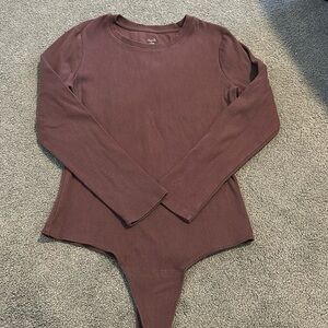 Nuuds Women’s Long Sleeve Ribbed Crewneck Bodysuit - Chocolate